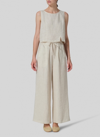 Oat Linen Straight Elastic Long Pants Set