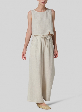 Oat Linen Straight Elastic Long Pants Set