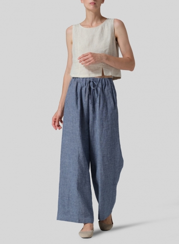 Denim Blue Linen Straight Elastic Long Pants