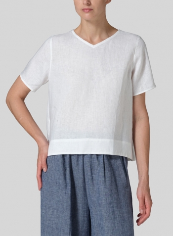 White Linen Regular Fit V-Neck Short Top