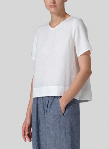 White Linen Regular Fit V-Neck Short Top