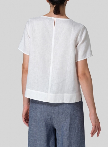 White Linen Regular Fit V-Neck Short Top