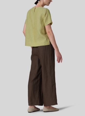 Olive Yellow Linen Regular Fit V-Neck Short Top