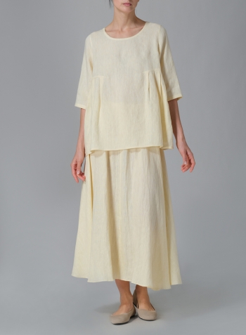 Lemon Chiffon Linen Dropped Shoulder Pleated Box Top Set