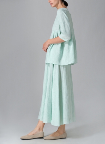 Soft Light Green Linen Dropped Shoulder Pleated Box Top Set