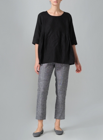 Black Linen Dropped Shoulder Pleated Box Top