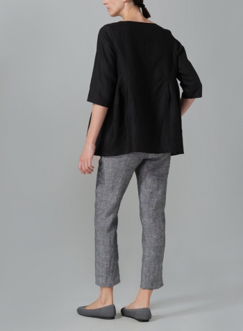 Black Linen Dropped Shoulder Pleated Box Top