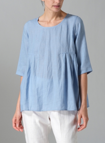 Sky Blue Linen Dropped Shoulder Pleated Box Top