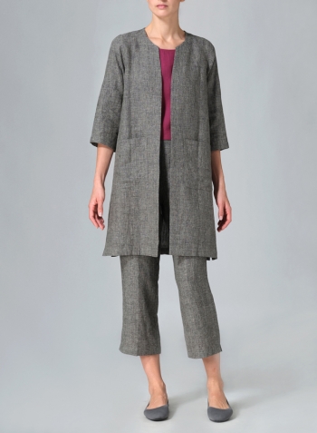 Two Tone Charcoal Linen Straight Cut Open Front Jacket