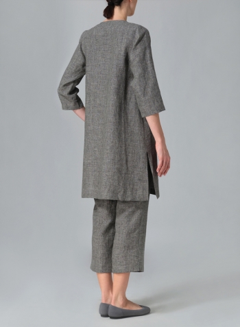 Two Tone Charcoal Linen Straight Cut Open Front Jacket