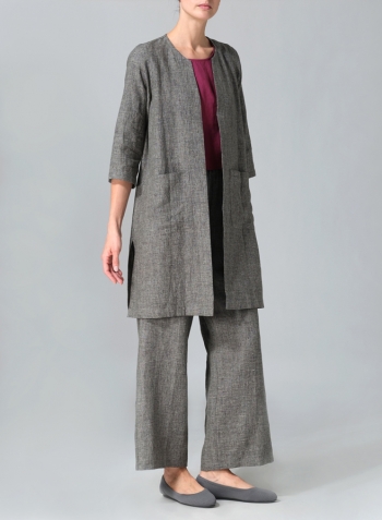 Two Tone Charcoal Linen Straight Cut Open Front Jacket Set