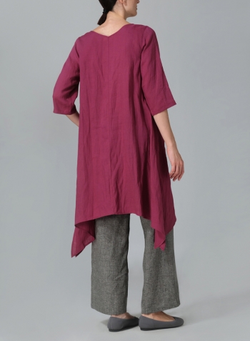 Red Violet Linen A-line Handkerchief Hem V-neck Tunic