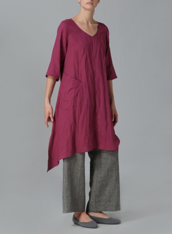 Red Violet Linen A-line Handkerchief Hem V-neck Tunic