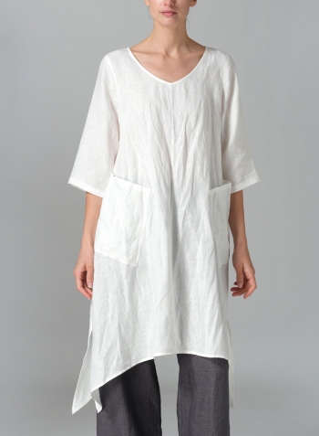 Ivory White Linen A-line Handkerchief Hem V-neck Tunic