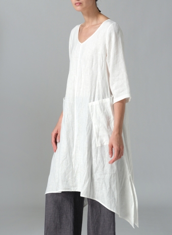 Ivory White Linen A-line Handkerchief Hem V-neck Tunic