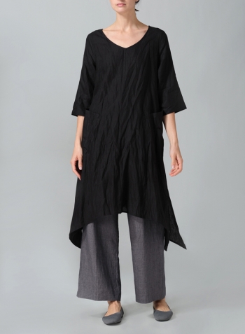 Black Linen A-line Handkerchief Hem V-neck Tunic