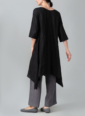 Black Linen A-line Handkerchief Hem V-neck Tunic