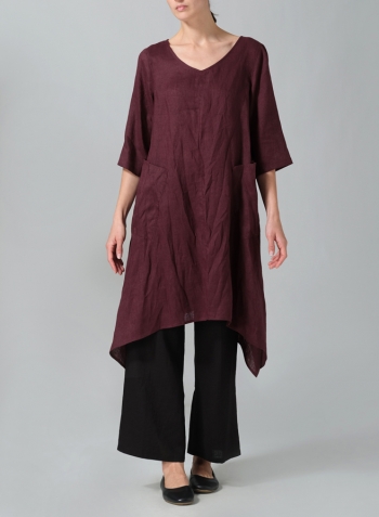 Burgundy Linen A-line Handkerchief Hem V-neck Tunic