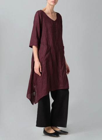 Burgundy Linen A-line Handkerchief Hem V-neck Tunic