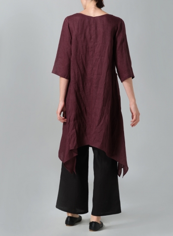 Burgundy Linen A-line Handkerchief Hem V-neck Tunic