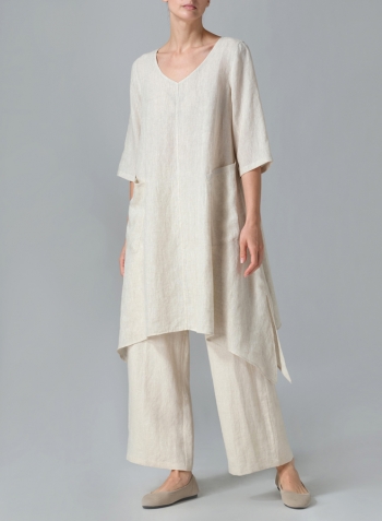 Oat Linen A-line Handkerchief Hem V-neck Tunic