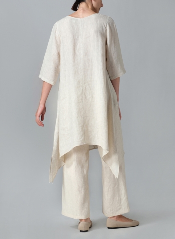 Oat Linen A-line Handkerchief Hem V-neck Tunic