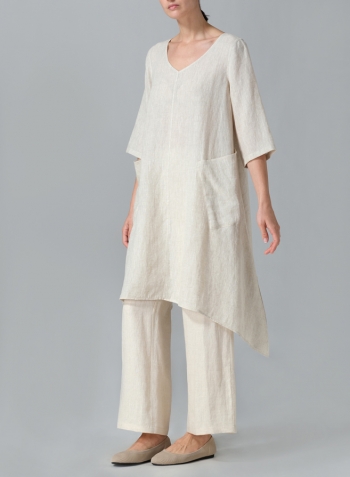 Oat Linen A-line Handkerchief Hem V-neck Tunic