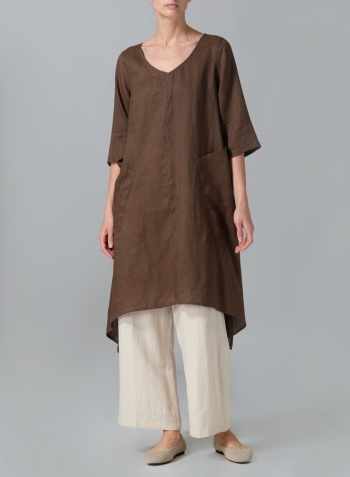 Dark Olive Linen A-line Handkerchief Hem V-neck Tunic