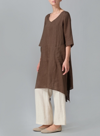 Dark Olive Linen A-line Handkerchief Hem V-neck Tunic