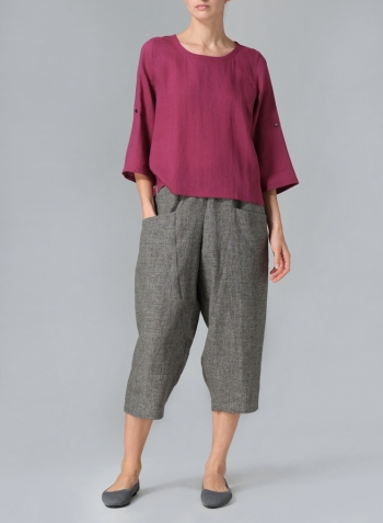 Red Violet Linen Relaxed Fit Boat Neck Top