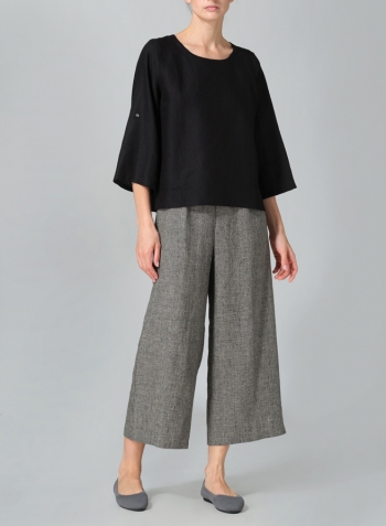 Black Linen Relaxed Fit Boat Neck Top