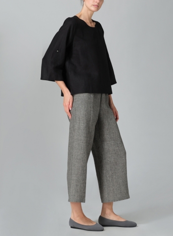 Black Linen Relaxed Fit Boat Neck Top