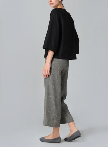 Black Linen Relaxed Fit Boat Neck Top