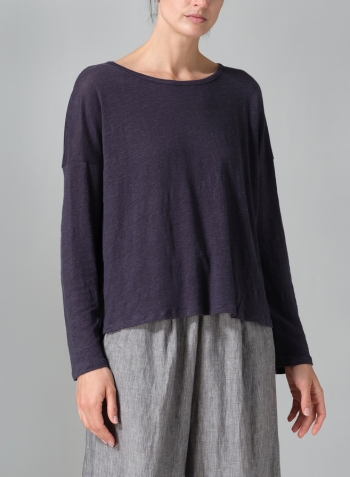 Dark Grayish Blue Linen Knitted Long Sleeves T-Shirt