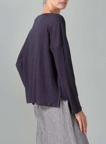 Dark Grayish Blue Linen Knitted Long Sleeves T-Shirt