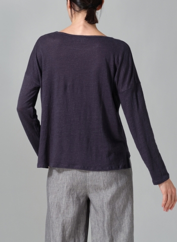 Dark Grayish Blue Linen Knitted Long Sleeves T-Shirt