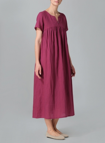 Red Violet Linen Short Sleeves Pleated Maxi Dress