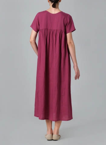 Red Violet Linen Short Sleeves Pleated Maxi Dress