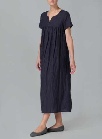 Dark Denim Linen Short Sleeves Pleated Maxi Dress