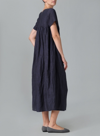 Dark Denim Linen Short Sleeves Pleated Maxi Dress