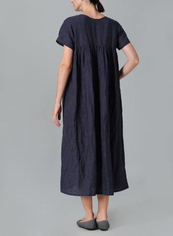 Dark Denim Linen Short Sleeves Pleated Maxi Dress