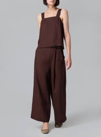 Brown Linen Square Neckline Button-Back Straight Short Tank