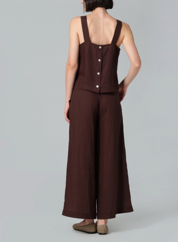 Brown Linen Square Neckline Button-Back Straight Short Tank