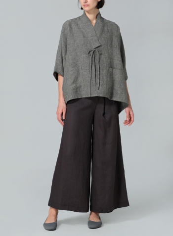 Two Tone Charcoal Linen Tie Rope Short Kimono Jacket