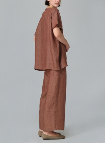 Cinnamon Linen V-neck Cape Sleeve Long Blouse Set