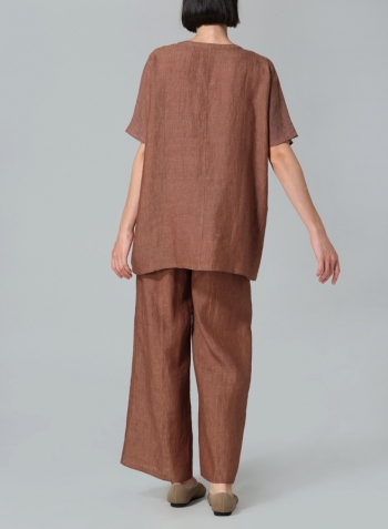 Cinnamon Linen V-neck Cape Sleeve Long Blouse Set