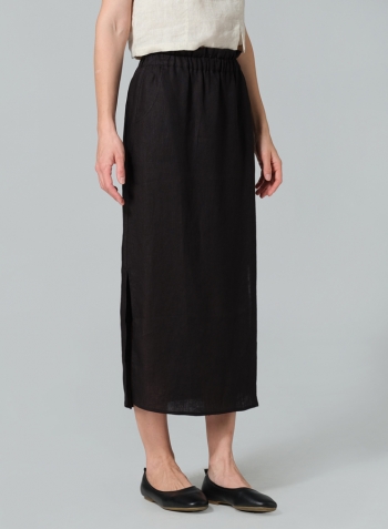 Black Linen Straight-Leg Long Skirt