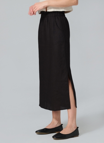 Black Linen Straight-Leg Long Skirt