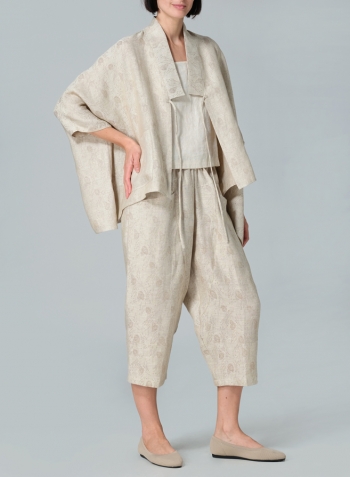 Jacquard Oat Linen Tie Rope Short Kimono Jacket Set