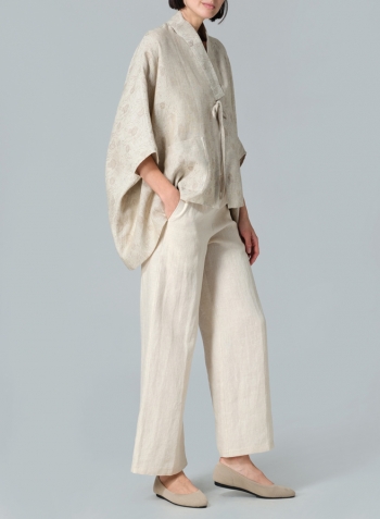 Jacquard Oat Linen Tie Rope Short Kimono Jacket